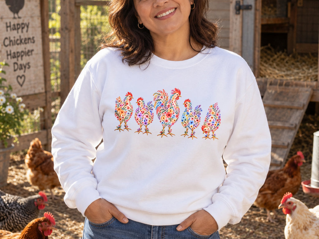 Floral Chicken Sweatshirt, Colorful Hen Crewneck, Chicken Lover Gift, Chicken Mom Sweater, Backyard Flock Sweatshirt