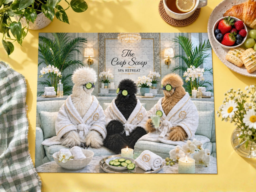 Chicken Spa Retreat Puzzle, Funny Silkie Chicken Jigsaw Puzzle, Chicken Lover Gift, The Coop Scoop Spa Day, Farmhouse Puzzle