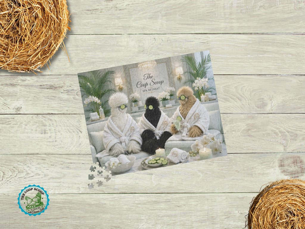 Chicken Spa Retreat Puzzle, Funny Silkie Chicken Jigsaw Puzzle, Chicken Lover Gift, The Coop Scoop Spa Day, Farmhouse Puzzle