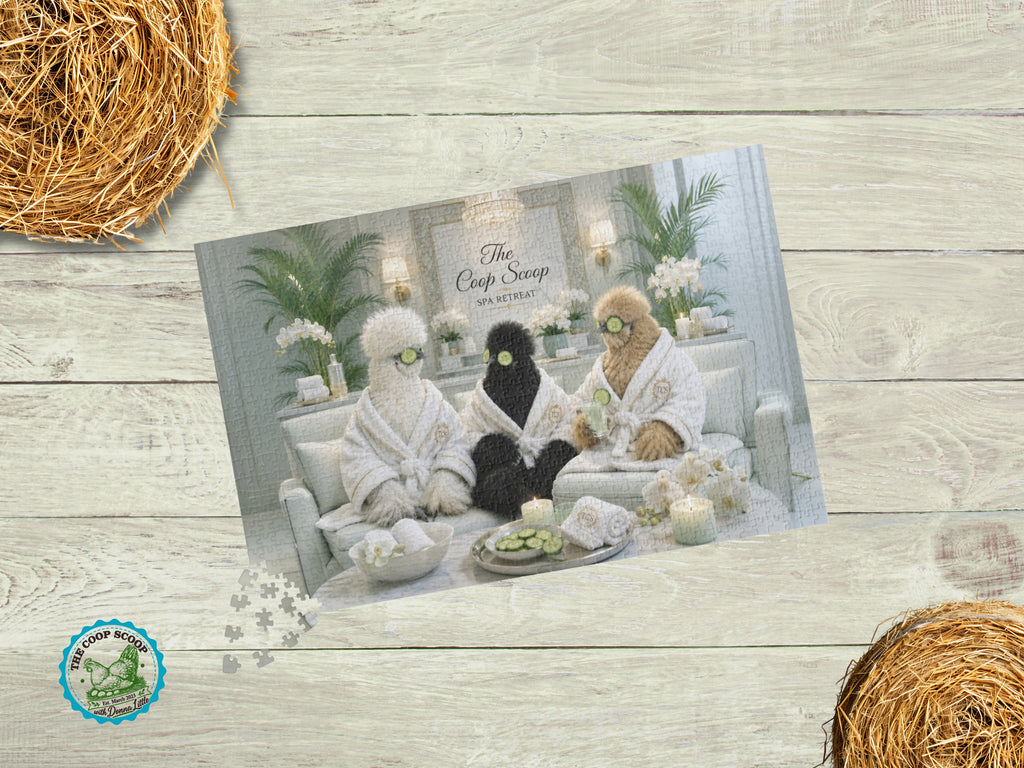 Chicken Spa Retreat Puzzle, Funny Silkie Chicken Jigsaw Puzzle, Chicken Lover Gift, The Coop Scoop Spa Day, Farmhouse Puzzle