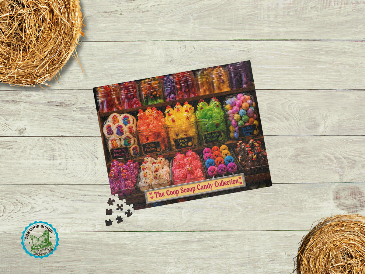 Chicken Candy Shop Puzzle, The Coop Scoop Candy Collection, Funny Chicken Lover Gift, Colorful Farm Jigsaw Puzzle