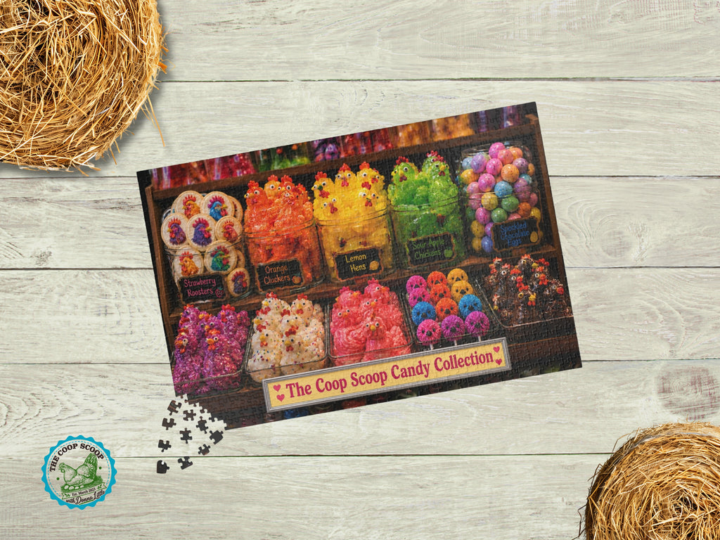 Chicken Candy Shop Puzzle, The Coop Scoop Candy Collection, Funny Chicken Lover Gift, Colorful Farm Jigsaw Puzzle