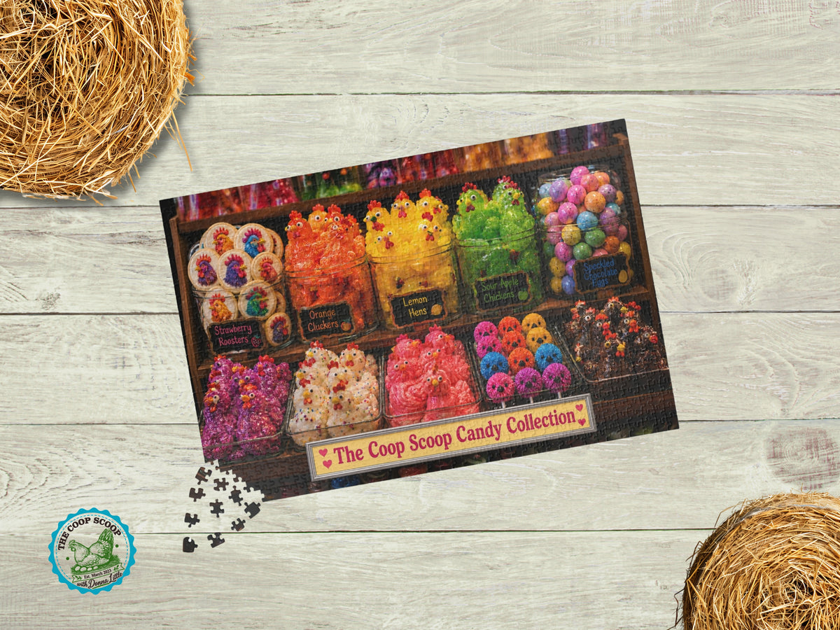 Chicken Candy Shop Puzzle, The Coop Scoop Candy Collection, Funny Chicken Lover Gift, Colorful Farm Jigsaw Puzzle