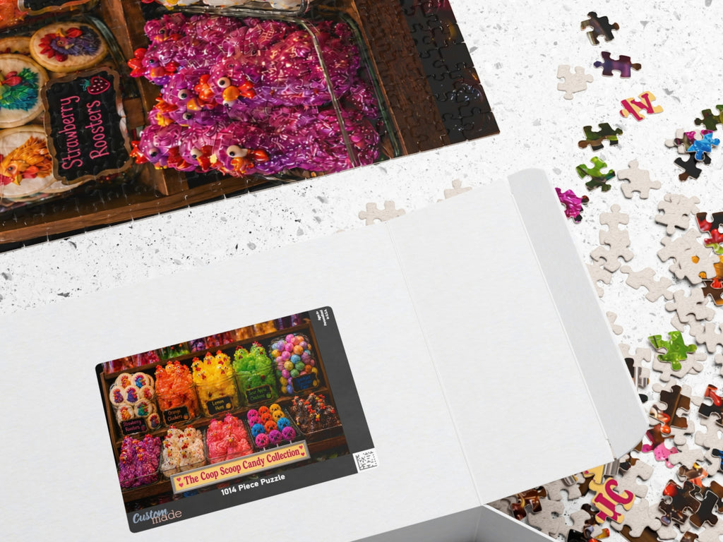 Chicken Candy Shop Puzzle, The Coop Scoop Candy Collection, Funny Chicken Lover Gift, Colorful Farm Jigsaw Puzzle