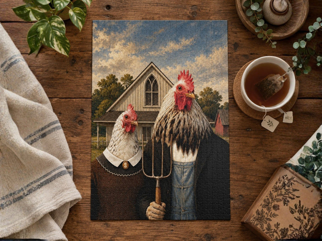 American Gothic Chickens Puzzle, Funny Chicken Jigsaw Puzzle, Chicken Lover Gift, Farmhouse Puzzle