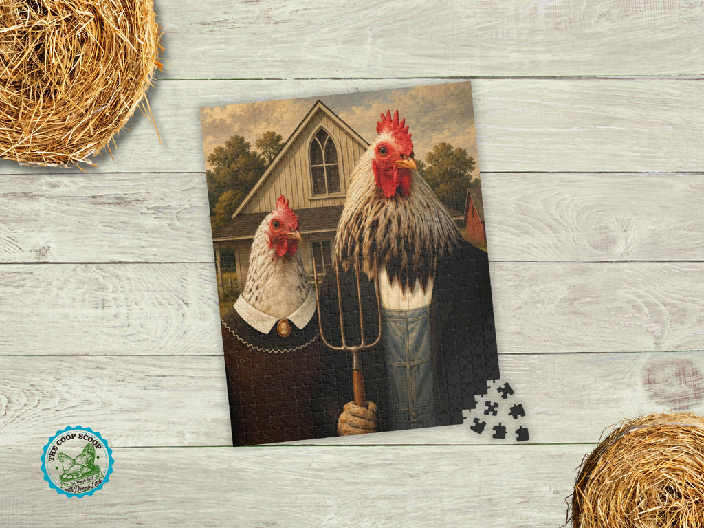 American Gothic Chickens Puzzle, Funny Chicken Jigsaw Puzzle, Chicken Lover Gift, Farmhouse Puzzle