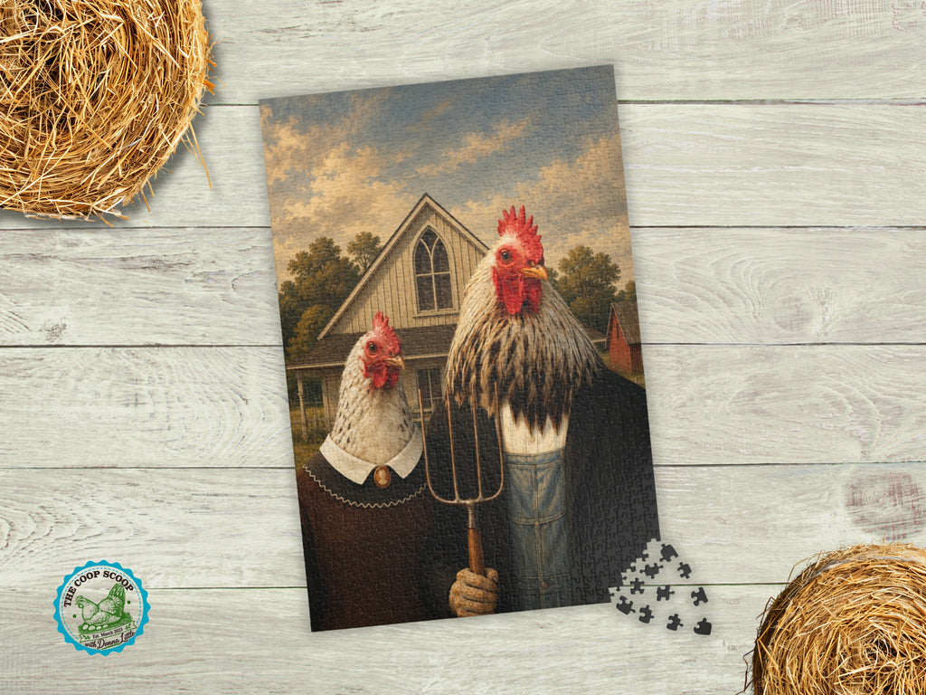 American Gothic Chickens Puzzle, Funny Chicken Jigsaw Puzzle, Chicken Lover Gift, Farmhouse Puzzle