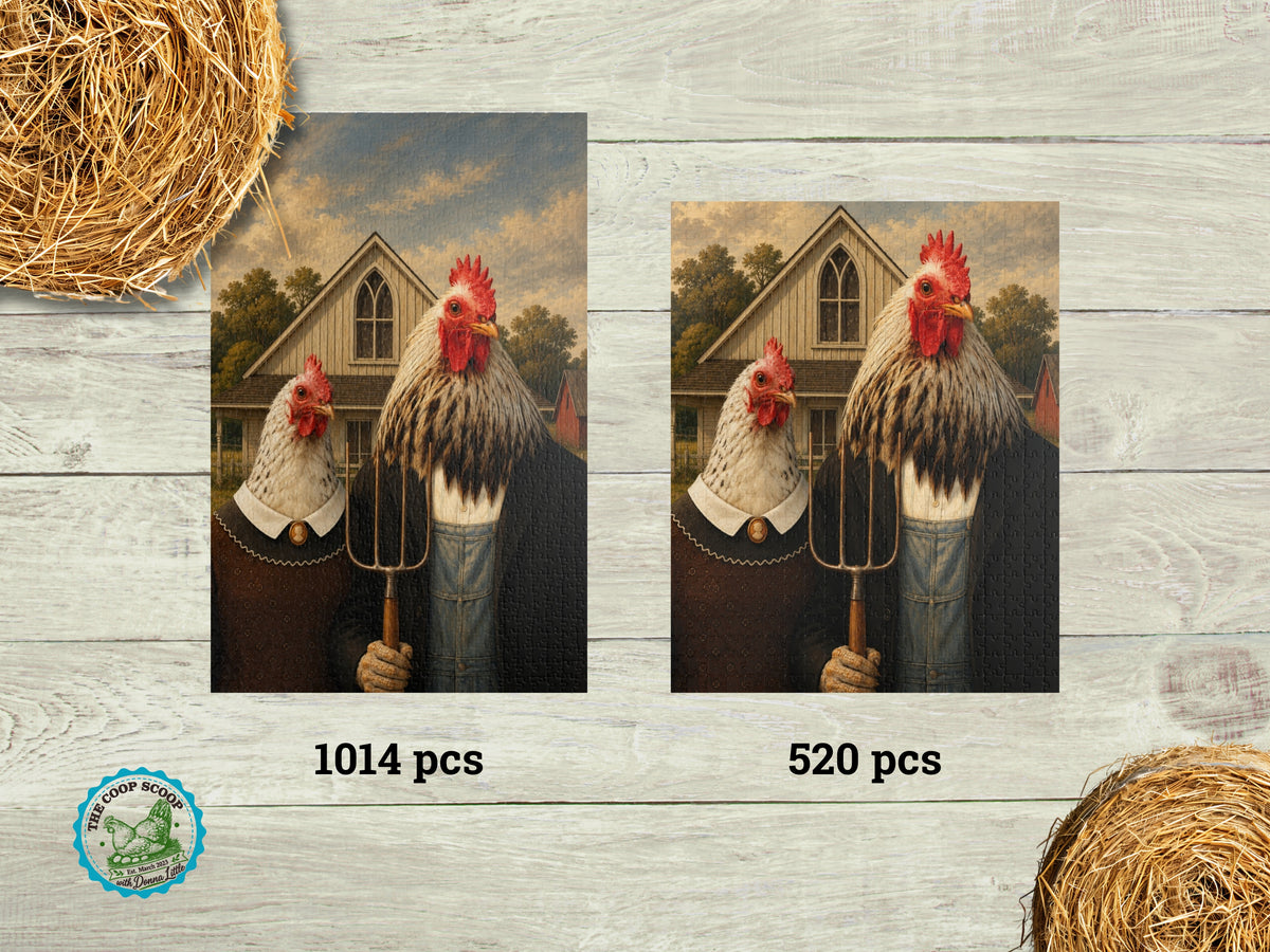 American Gothic Chickens Puzzle, Funny Chicken Jigsaw Puzzle, Chicken Lover Gift, Farmhouse Puzzle