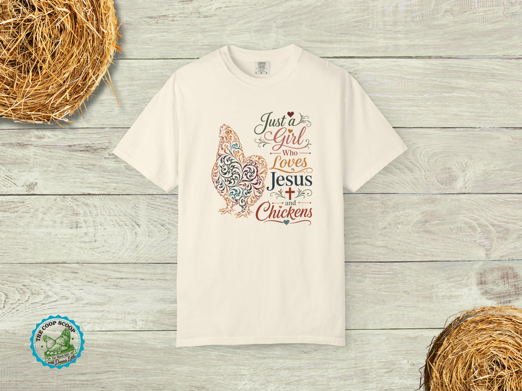 Just a Girl Who Loves Jesus and Chickens Shirt, Christian Chicken Lover Tee, Faith Based Farm Shirt, Chicken Mom Gift