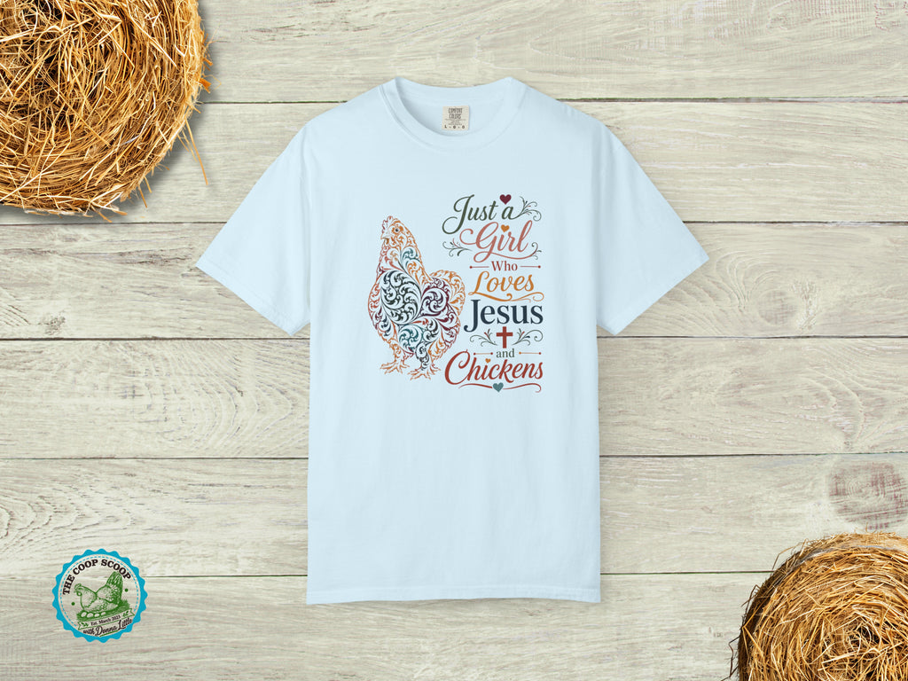 Just a Girl Who Loves Jesus and Chickens Shirt, Christian Chicken Lover Tee, Faith Based Farm Shirt, Chicken Mom Gift