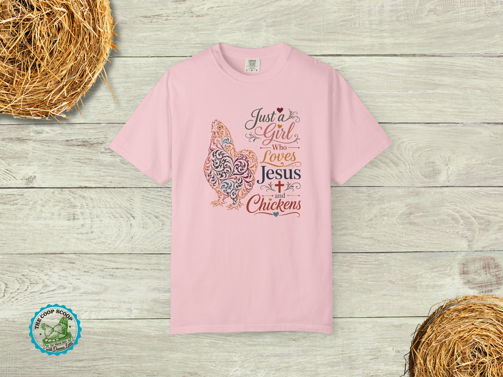 Just a Girl Who Loves Jesus and Chickens Shirt, Christian Chicken Lover Tee, Faith Based Farm Shirt, Chicken Mom Gift