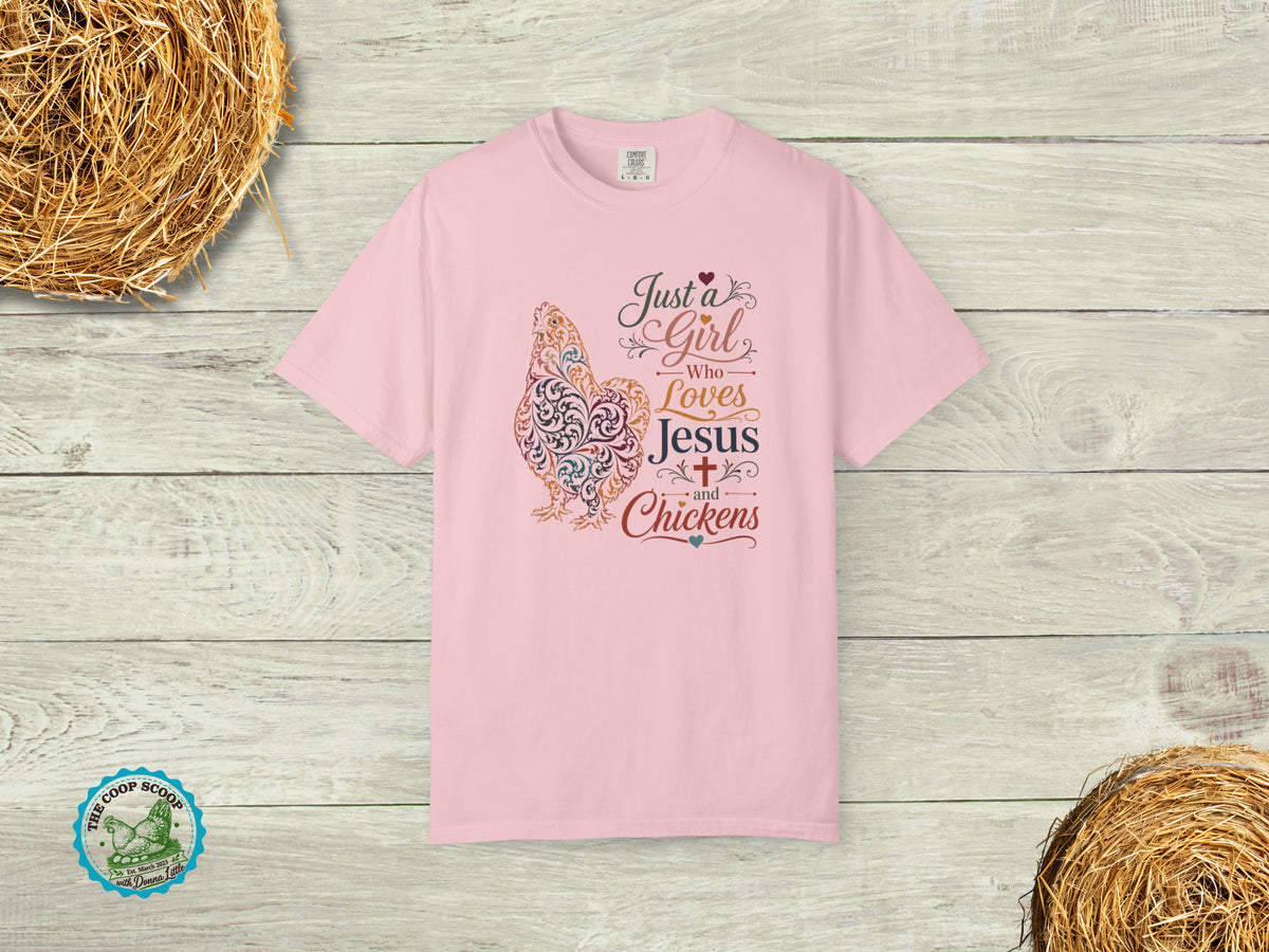 Just a Girl Who Loves Jesus and Chickens Shirt, Christian Chicken Lover Tee, Faith Based Farm Shirt, Chicken Mom Gift