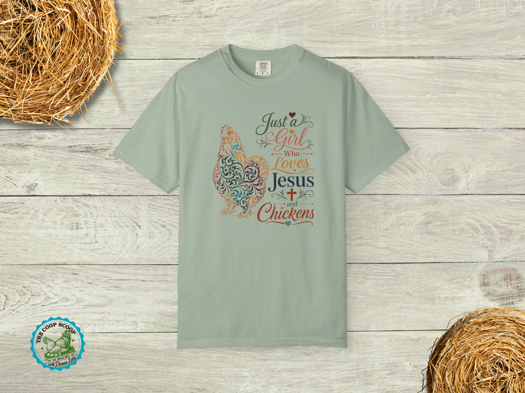 Just a Girl Who Loves Jesus and Chickens Shirt, Christian Chicken Lover Tee, Faith Based Farm Shirt, Chicken Mom Gift