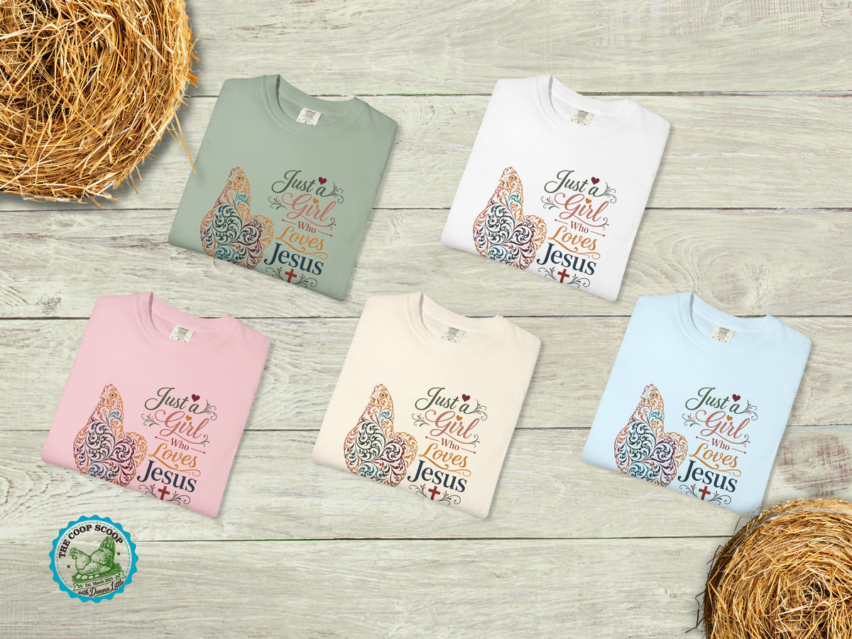 Just a Girl Who Loves Jesus and Chickens Shirt, Christian Chicken Lover Tee, Faith Based Farm Shirt, Chicken Mom Gift