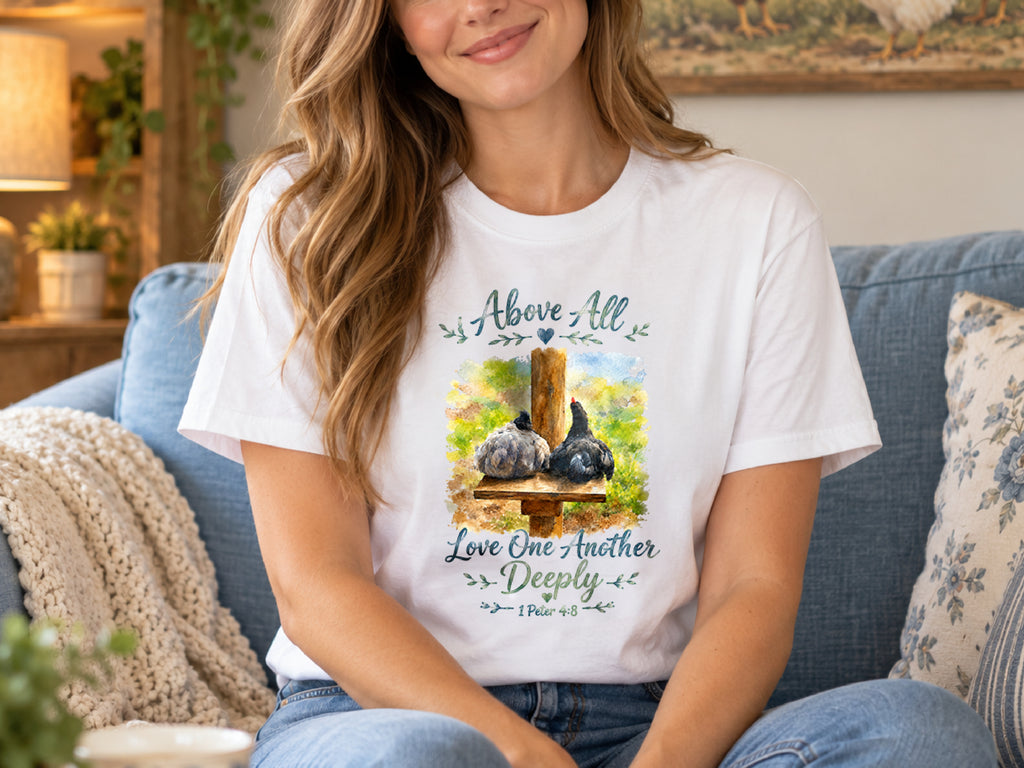 Above All Love One Another Deeply Chicken Shirt, 1 Peter 4:8 Christian Chicken Tee, Faith Farm Shirt, Chicken Lover Gift