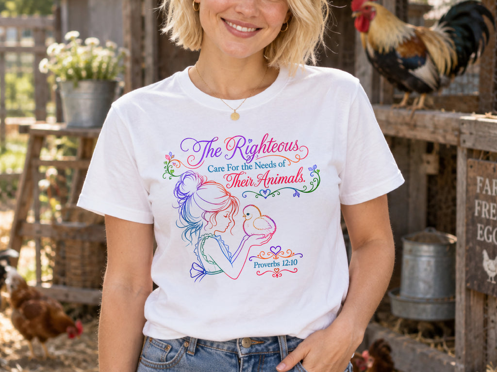 The Righteous Care for Their Animals Shirt, Proverbs 12:10 Christian Chicken Tee, Faith Farm Shirt, Chicken Lover Gift