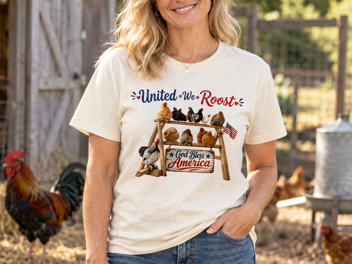 United We Roost Chicken Shirt, Patriotic Chicken Lover Tee, God Bless America Farm Shirt, 4th of July Chicken Gift