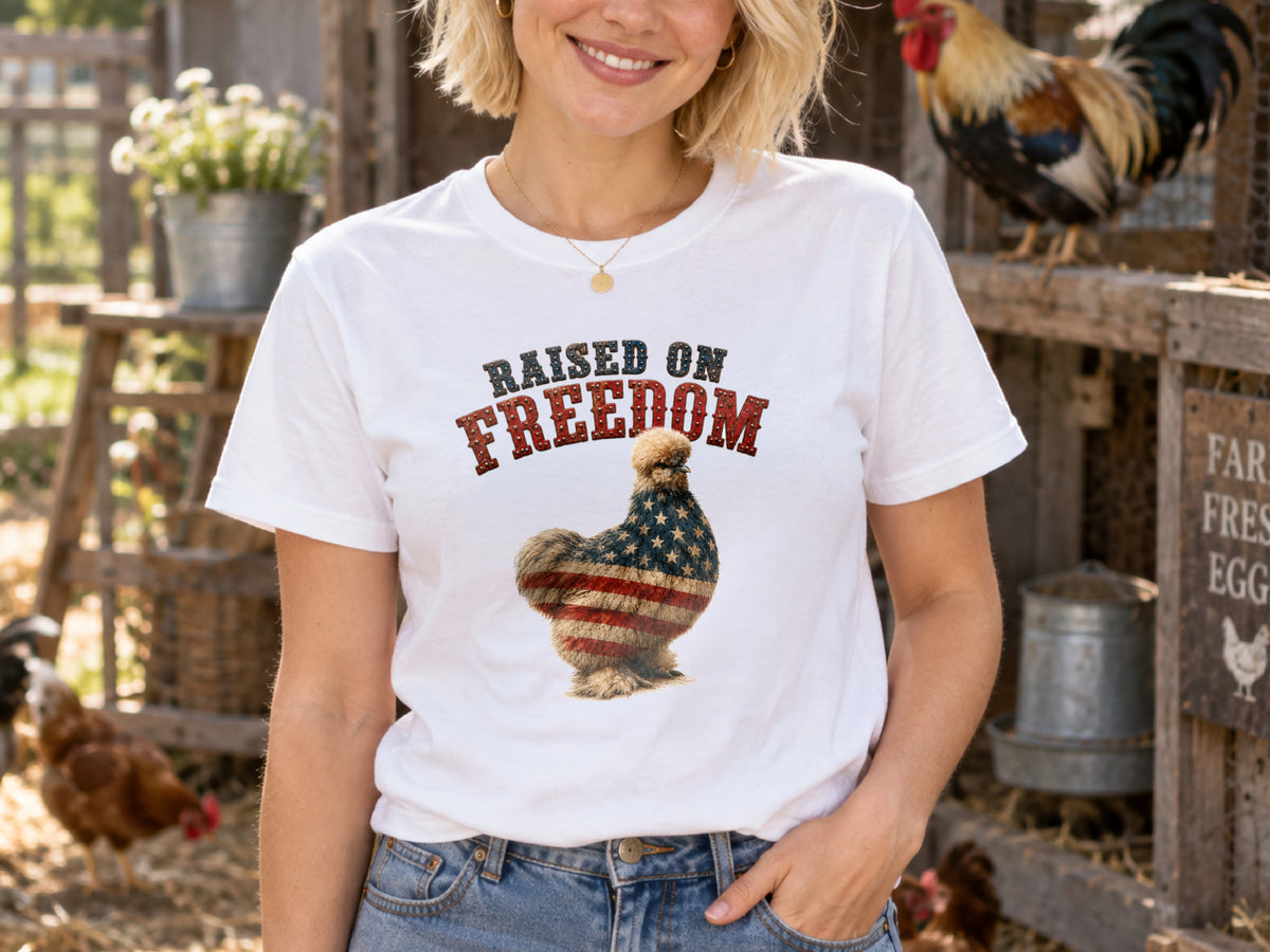Raised on Freedom Chicken Shirt, Patriotic Silkie Chicken Tee, American Flag Chicken Shirt, 4th of July Chicken Lover Gift
