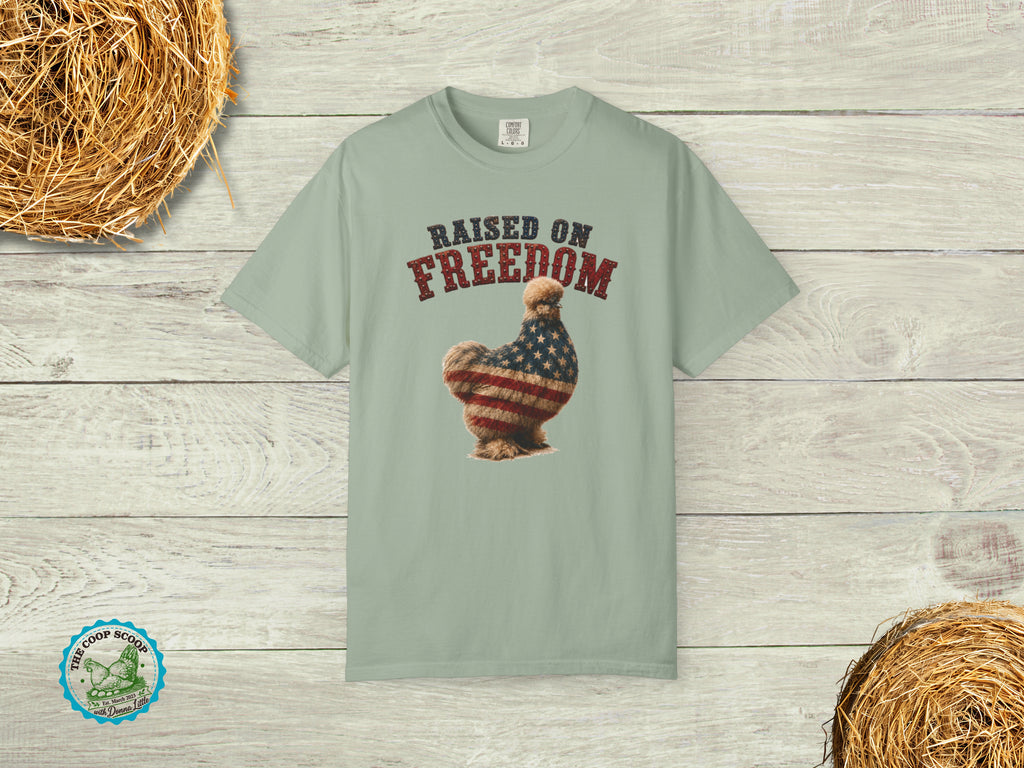 Raised on Freedom Chicken Shirt, Patriotic Silkie Chicken Tee, American Flag Chicken Shirt, 4th of July Chicken Lover Gift