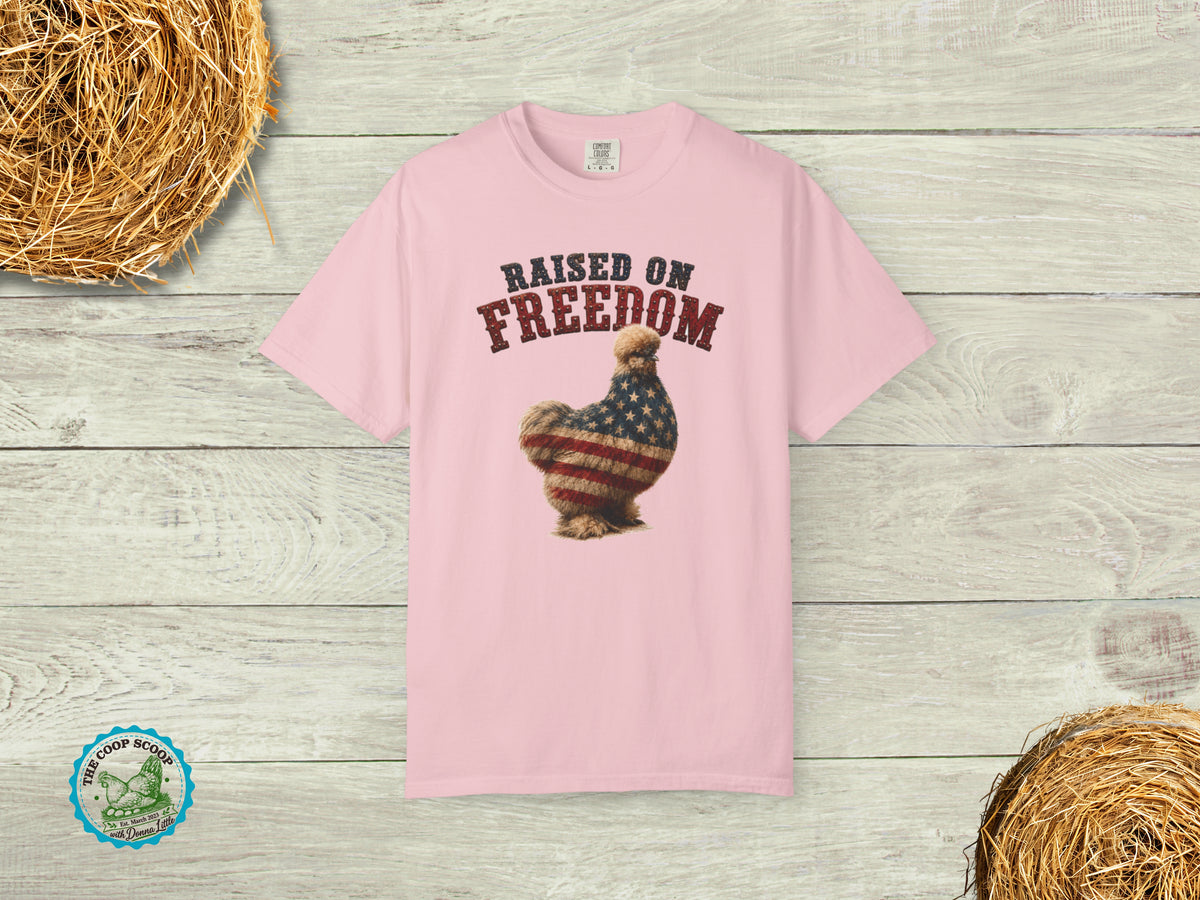 Raised on Freedom Chicken Shirt, Patriotic Silkie Chicken Tee, American Flag Chicken Shirt, 4th of July Chicken Lover Gift