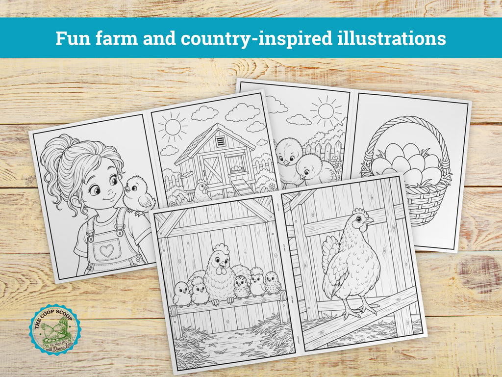The Coop Scoop Kids Chicken Coloring Book, 24 Cute Chicken Coloring Pages, Farm Animal Activity Book, Chicken Lover Gift for Kids