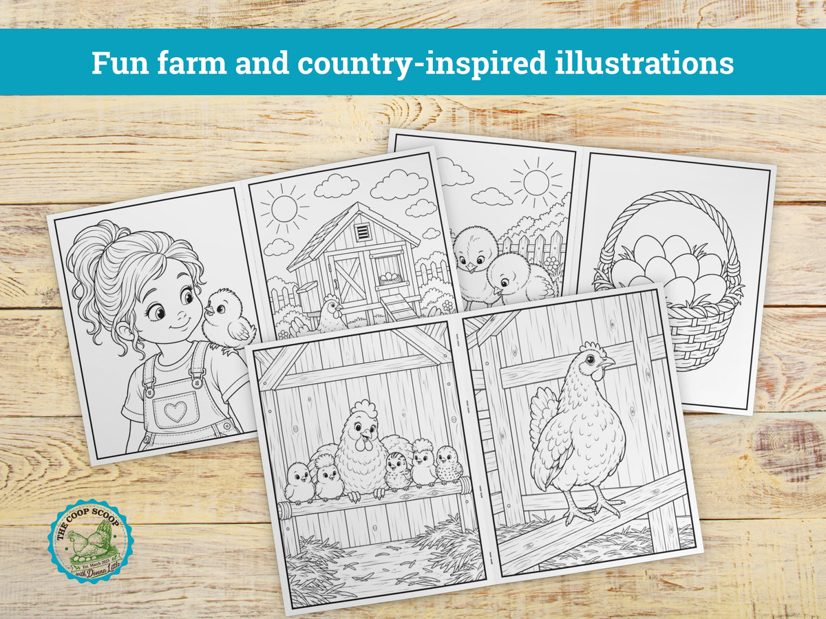 The Coop Scoop Kids Chicken Coloring Book, 24 Cute Chicken Coloring Pages, Farm Animal Activity Book, Chicken Lover Gift for Kids