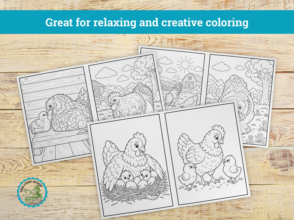 The Coop Scoop Kids Chicken Coloring Book, 24 Cute Chicken Coloring Pages, Farm Animal Activity Book, Chicken Lover Gift for Kids
