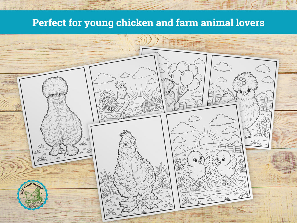 The Coop Scoop Kids Chicken Coloring Book, 24 Cute Chicken Coloring Pages, Farm Animal Activity Book, Chicken Lover Gift for Kids