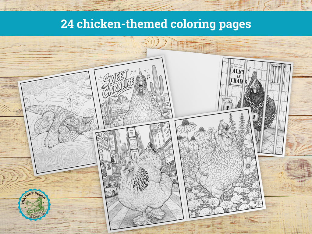 The Coop Scoop Chicken Adult Coloring Book, 24 Chicken Coloring Pages, Funny Farm Animal Coloring Book, Chicken Lover Gift