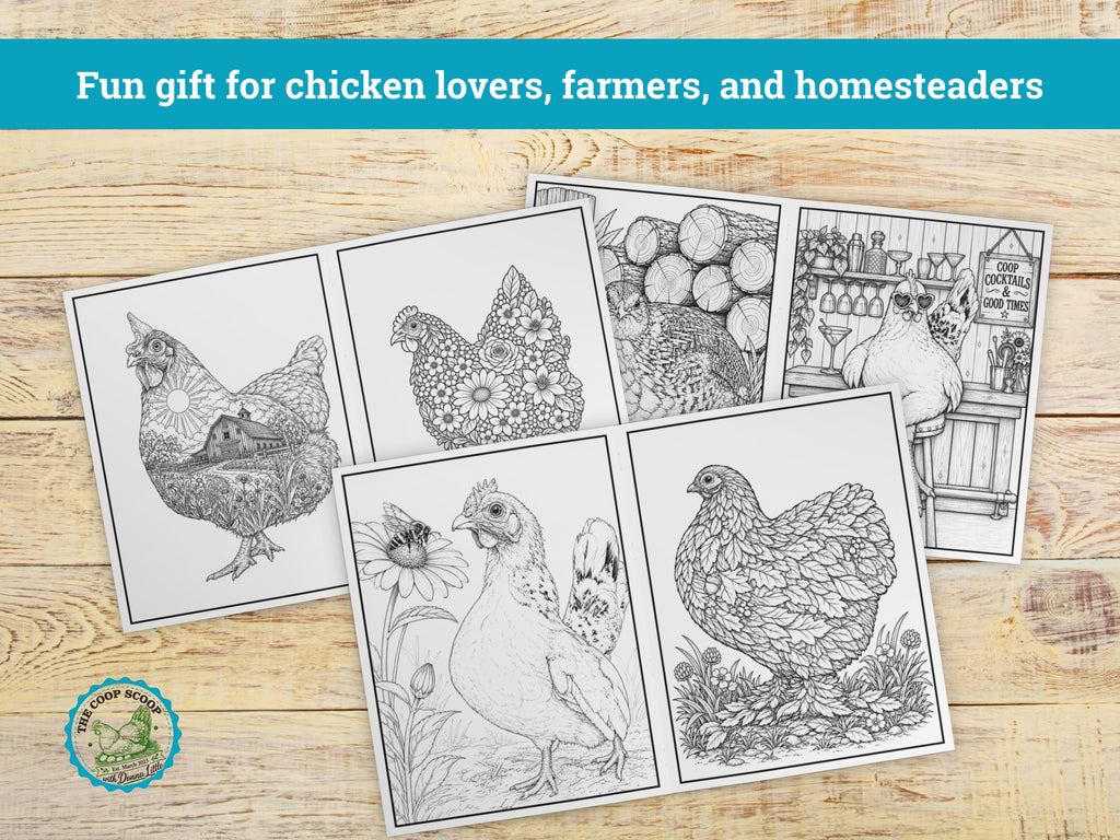 The Coop Scoop Chicken Adult Coloring Book, 24 Chicken Coloring Pages, Funny Farm Animal Coloring Book, Chicken Lover Gift