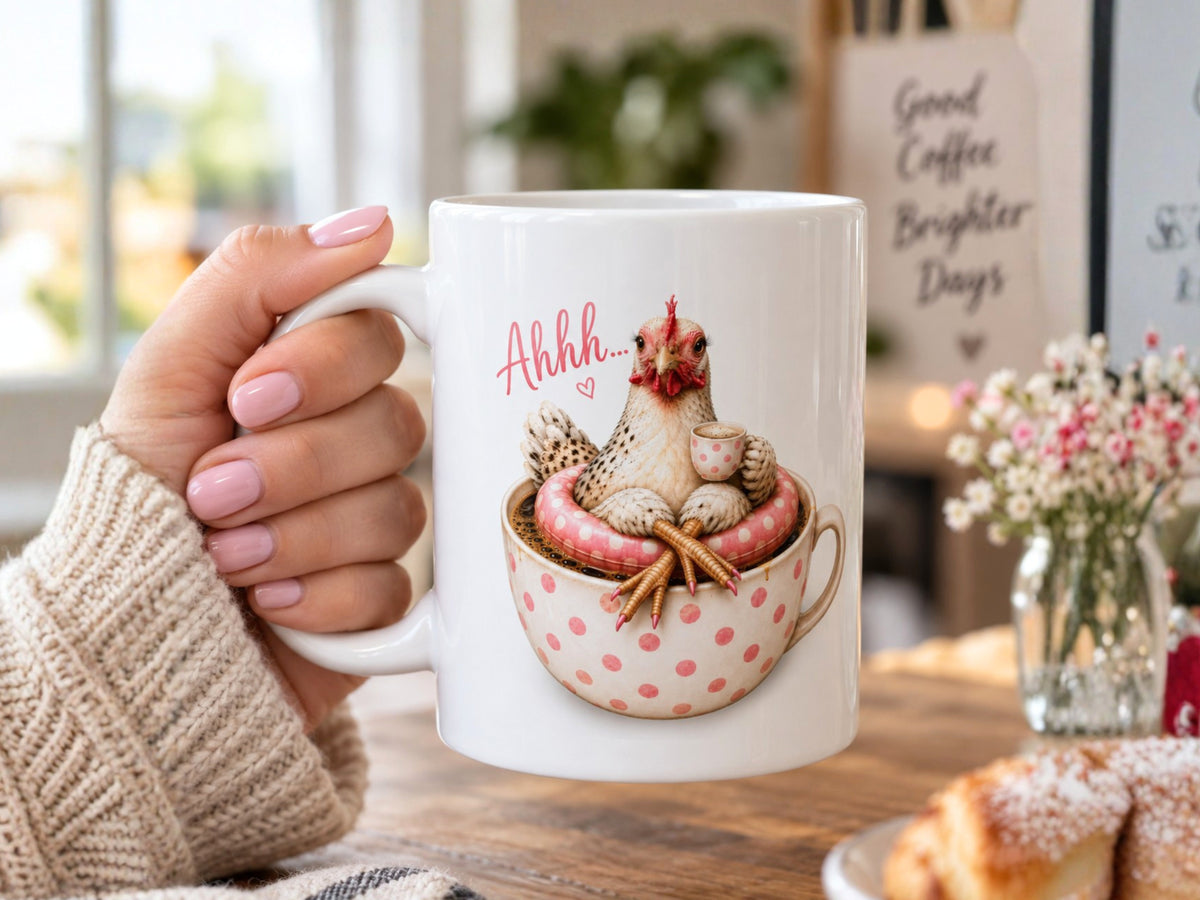 Personalized Chicken Coffee Mug, Cute Pink Heart Polka Dot Funny Chicken Lover Gift, Custom Text Coffee Cup