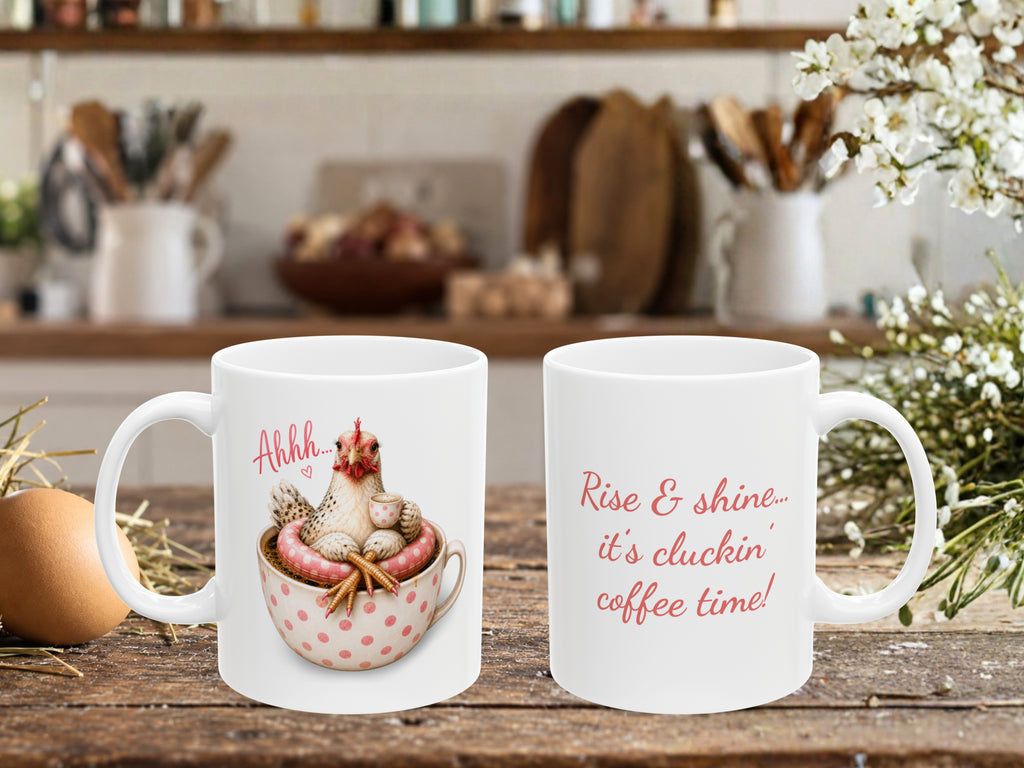 Personalized Chicken Coffee Mug, Cute Pink Heart Polka Dot Funny Chicken Lover Gift, Custom Text Coffee Cup