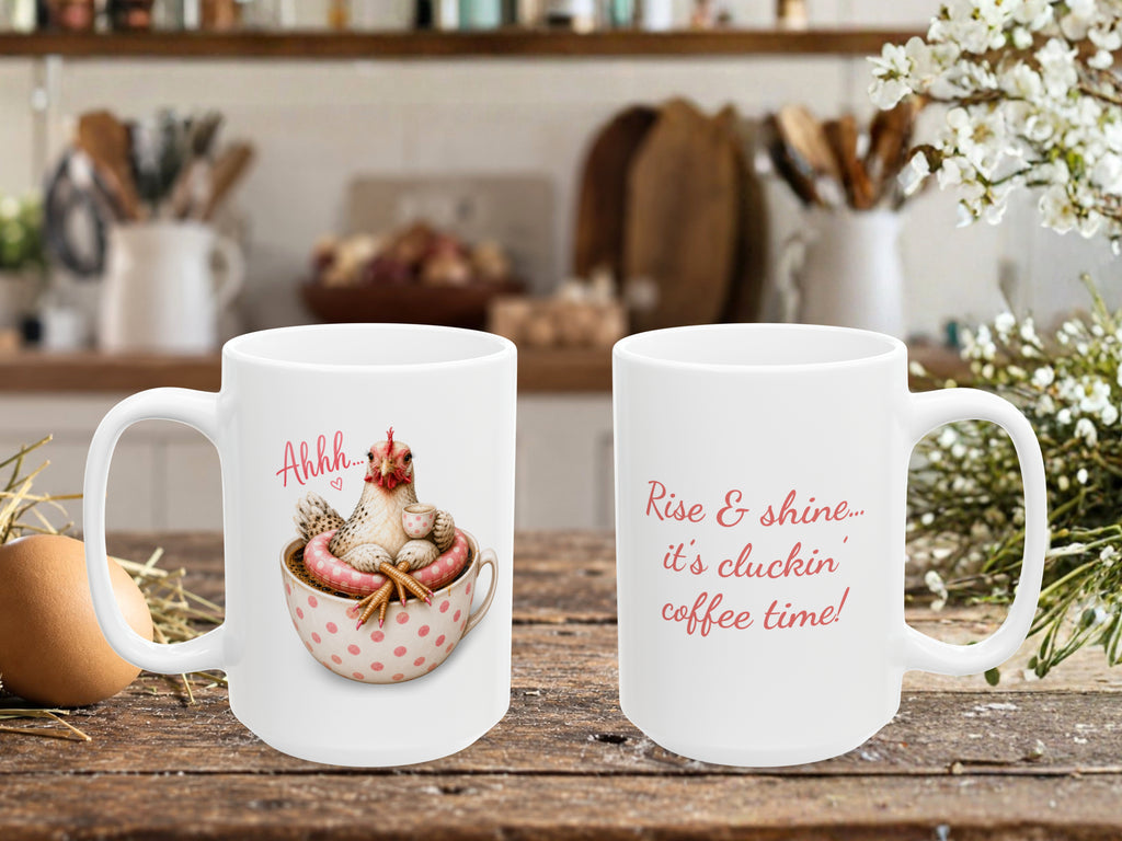 Personalized Chicken Coffee Mug, Cute Pink Heart Polka Dot Funny Chicken Lover Gift, Custom Text Coffee Cup