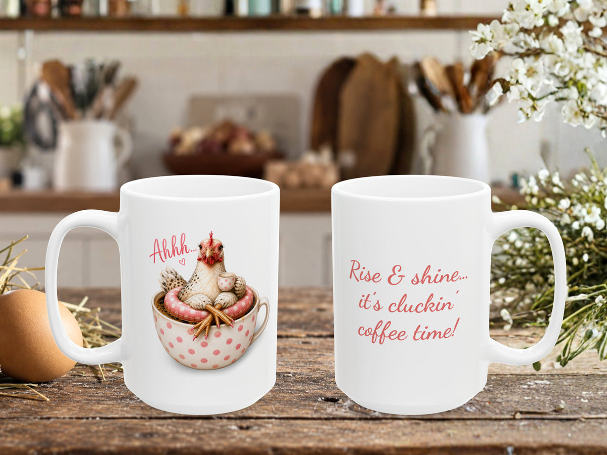 Personalized Chicken Coffee Mug, Cute Pink Heart Polka Dot Funny Chicken Lover Gift, Custom Text Coffee Cup