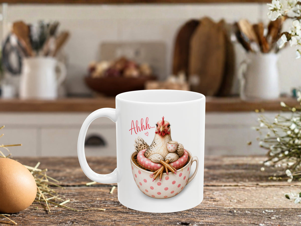 Personalized Chicken Coffee Mug, Cute Pink Heart Polka Dot Funny Chicken Lover Gift, Custom Text Coffee Cup