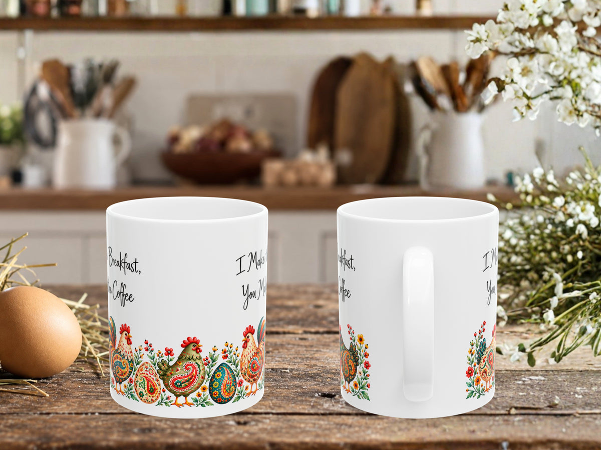 I Make the Breakfast You Make the Coffee Chicken Mug, Funny Chicken Lover Gift, Colorful Rooster Hen Coffee Cup, Farmhouse Kitchen Gift