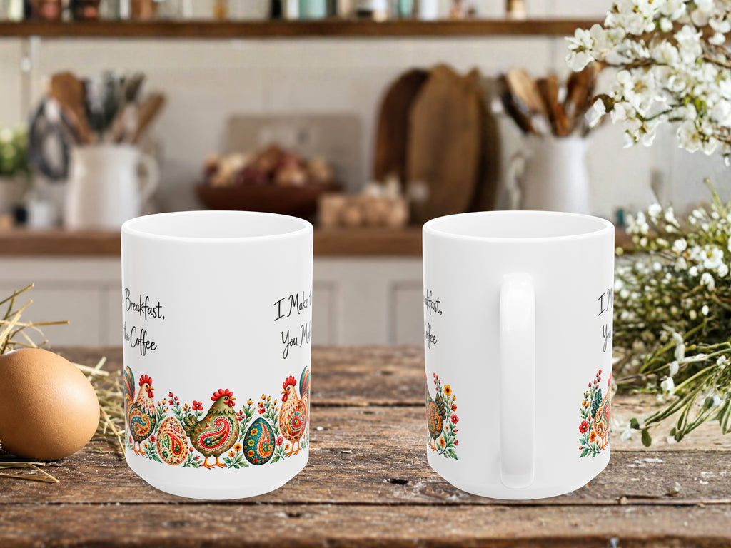 I Make the Breakfast You Make the Coffee Chicken Mug, Funny Chicken Lover Gift, Colorful Rooster Hen Coffee Cup, Farmhouse Kitchen Gift
