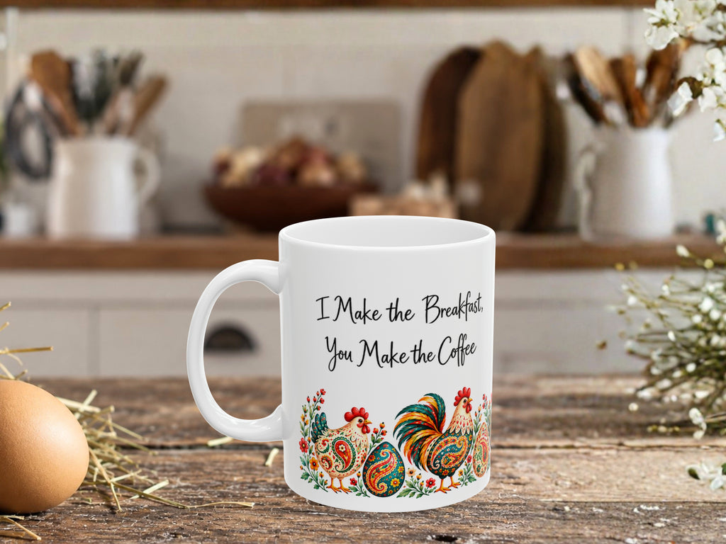 I Make the Breakfast You Make the Coffee Chicken Mug, Funny Chicken Lover Gift, Colorful Rooster Hen Coffee Cup, Farmhouse Kitchen Gift