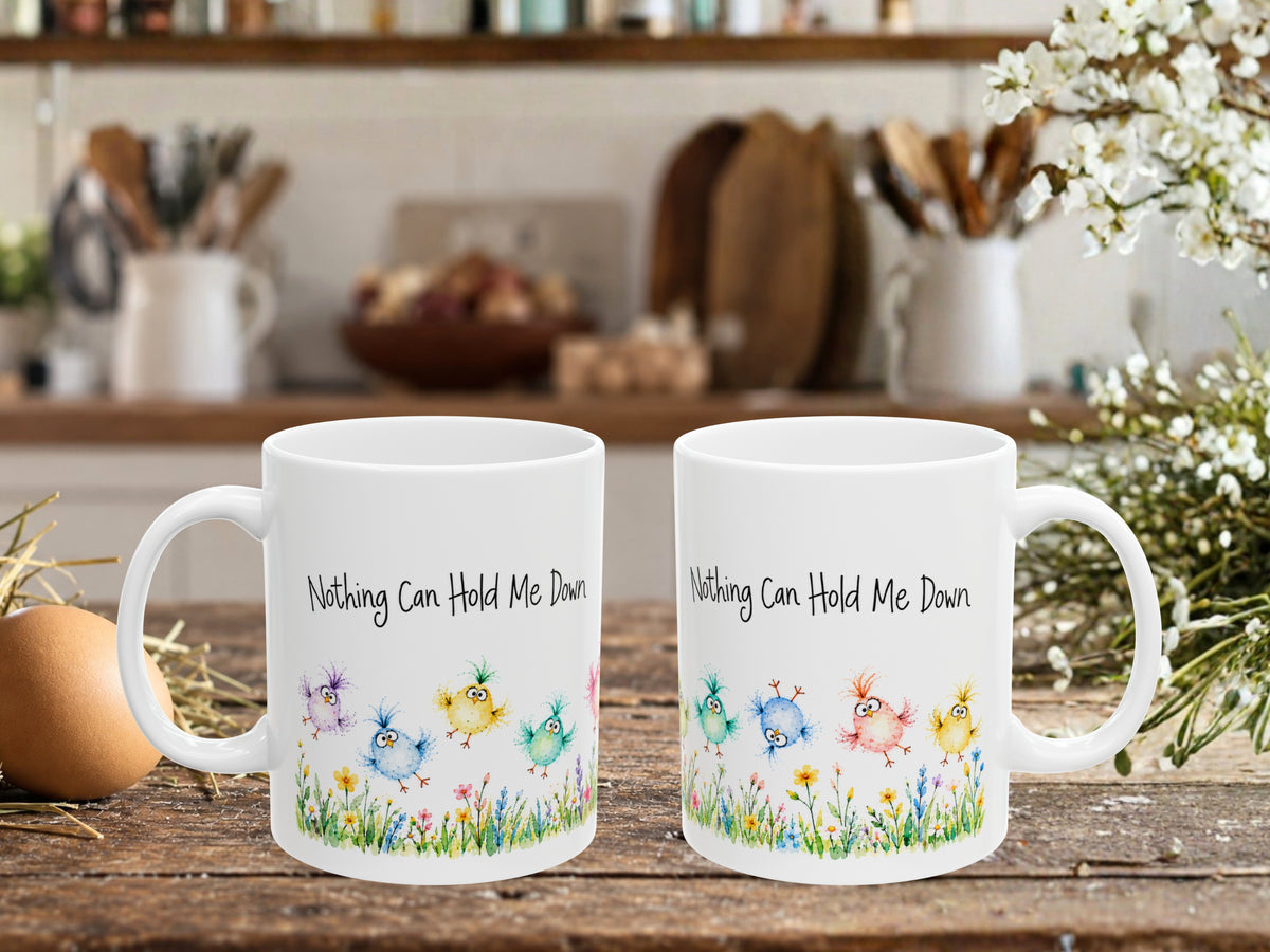 Nothing Can Hold Me Down Chicken Coffee Mug, Funny Colorful Chick Mug, Chicken Lover Gift, Watercolor Farmhouse Coffee Cup