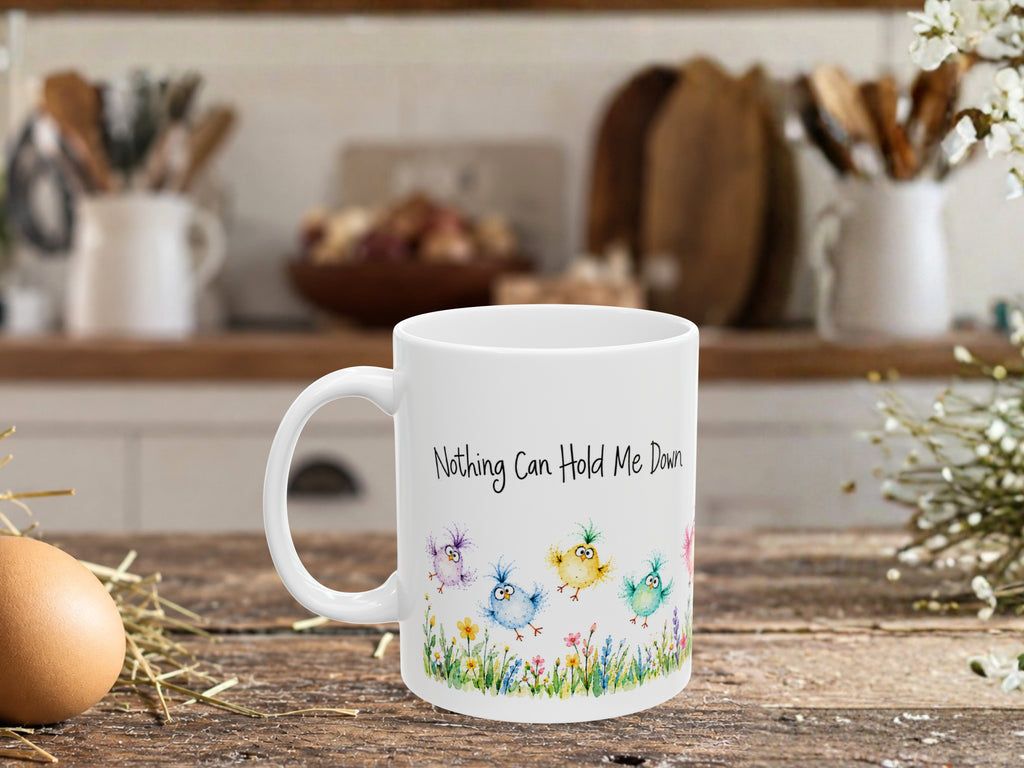 Nothing Can Hold Me Down Chicken Coffee Mug, Funny Colorful Chick Mug, Chicken Lover Gift, Watercolor Farmhouse Coffee Cup