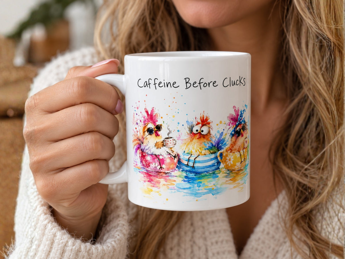 Caffeine Before Clucks Chicken Coffee Mug, Funny Chicken Lover Mug, Colorful Hen Coffee Cup, Chicken Mom Gift, Farmhouse Mug