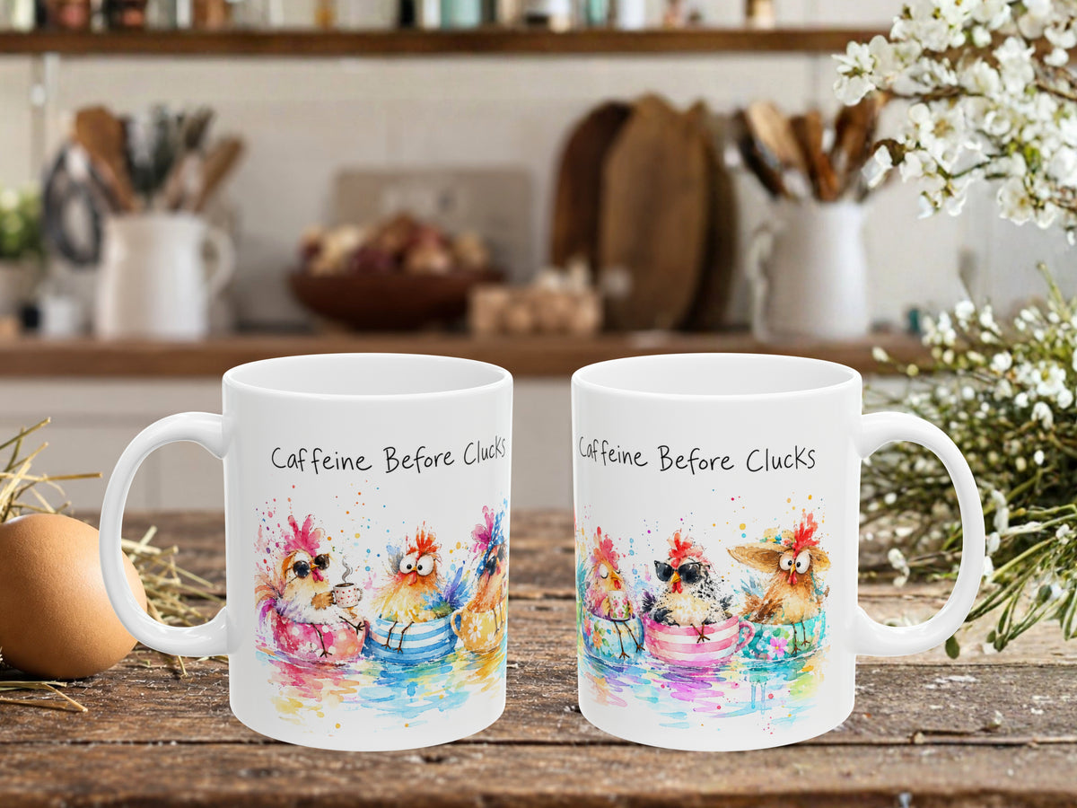 Caffeine Before Clucks Chicken Coffee Mug, Funny Chicken Lover Mug, Colorful Hen Coffee Cup, Chicken Mom Gift, Farmhouse Mug