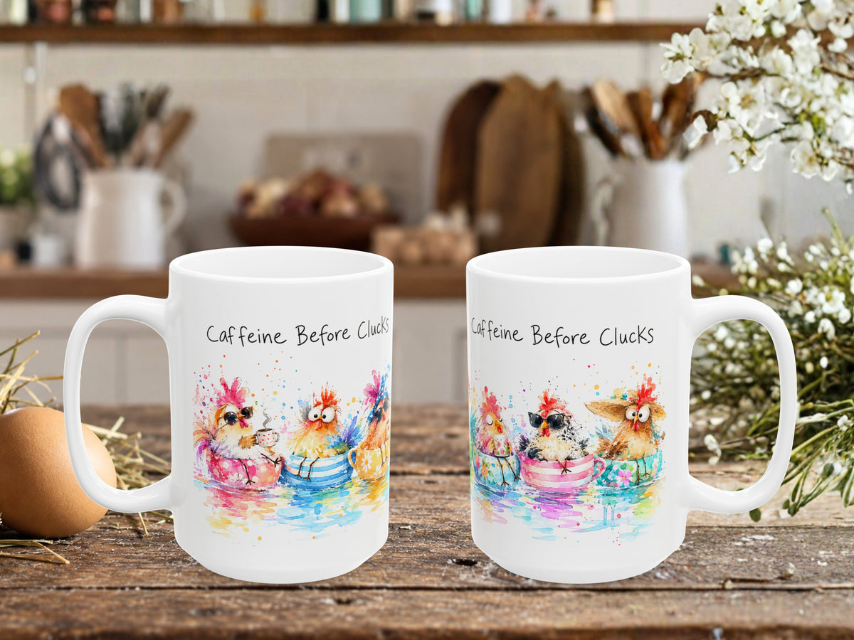 Caffeine Before Clucks Chicken Coffee Mug, Funny Chicken Lover Mug, Colorful Hen Coffee Cup, Chicken Mom Gift, Farmhouse Mug
