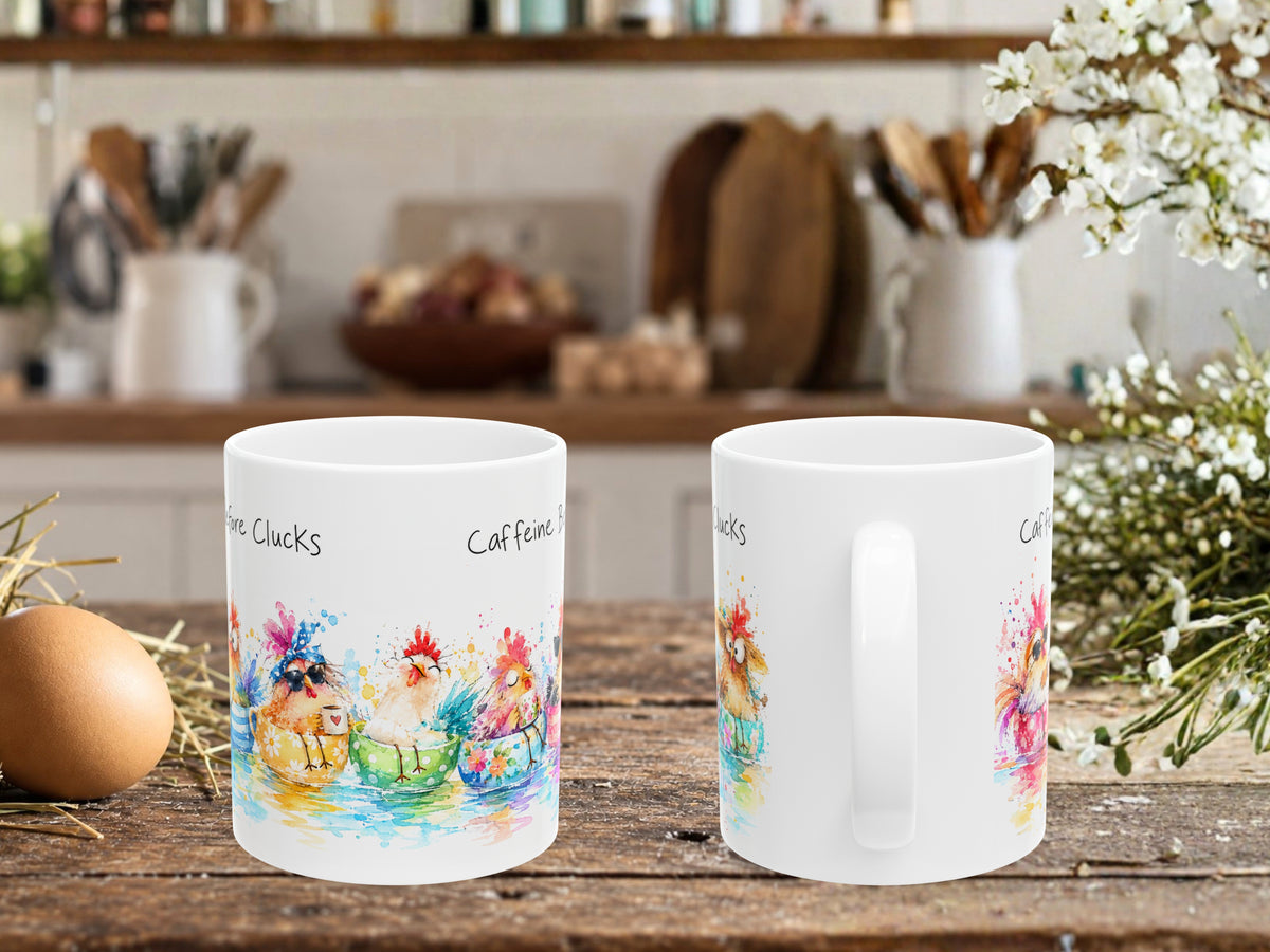 Caffeine Before Clucks Chicken Coffee Mug, Funny Chicken Lover Mug, Colorful Hen Coffee Cup, Chicken Mom Gift, Farmhouse Mug