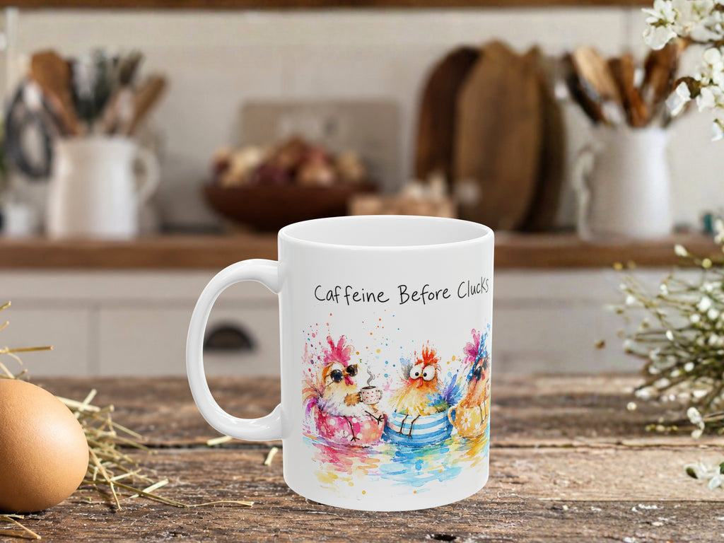 Caffeine Before Clucks Chicken Coffee Mug, Funny Chicken Lover Mug, Colorful Hen Coffee Cup, Chicken Mom Gift, Farmhouse Mug