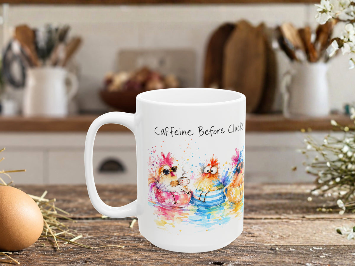 Caffeine Before Clucks Chicken Coffee Mug, Funny Chicken Lover Mug, Colorful Hen Coffee Cup, Chicken Mom Gift, Farmhouse Mug