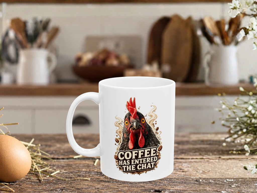 Personalized Chicken Coffee Mug, Coffee Has Entered the Chat Mug, Custom Text Chicken Lover Gift, Funny Farmhouse Coffee Cup