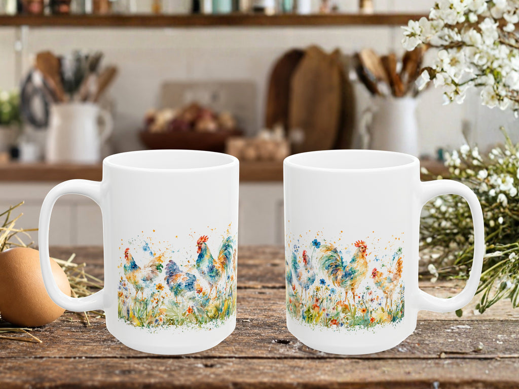 Watercolor Chicken Coffee Mug, Colorful Rooster and Hen Mug, Chicken Lover Gift, Floral Farmhouse Coffee Cup, Backyard Flock Gift