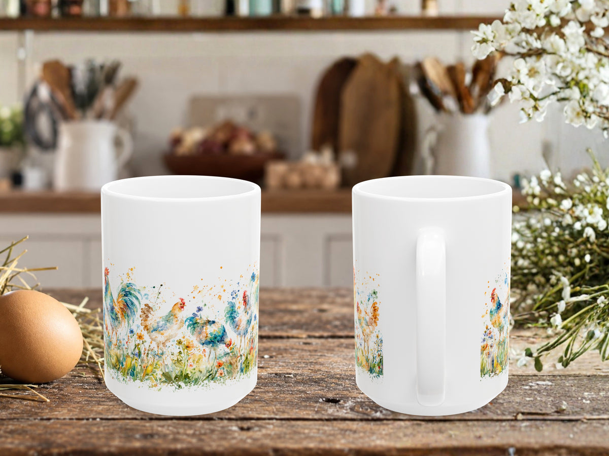 Watercolor Chicken Coffee Mug, Colorful Rooster and Hen Mug, Chicken Lover Gift, Floral Farmhouse Coffee Cup, Backyard Flock Gift