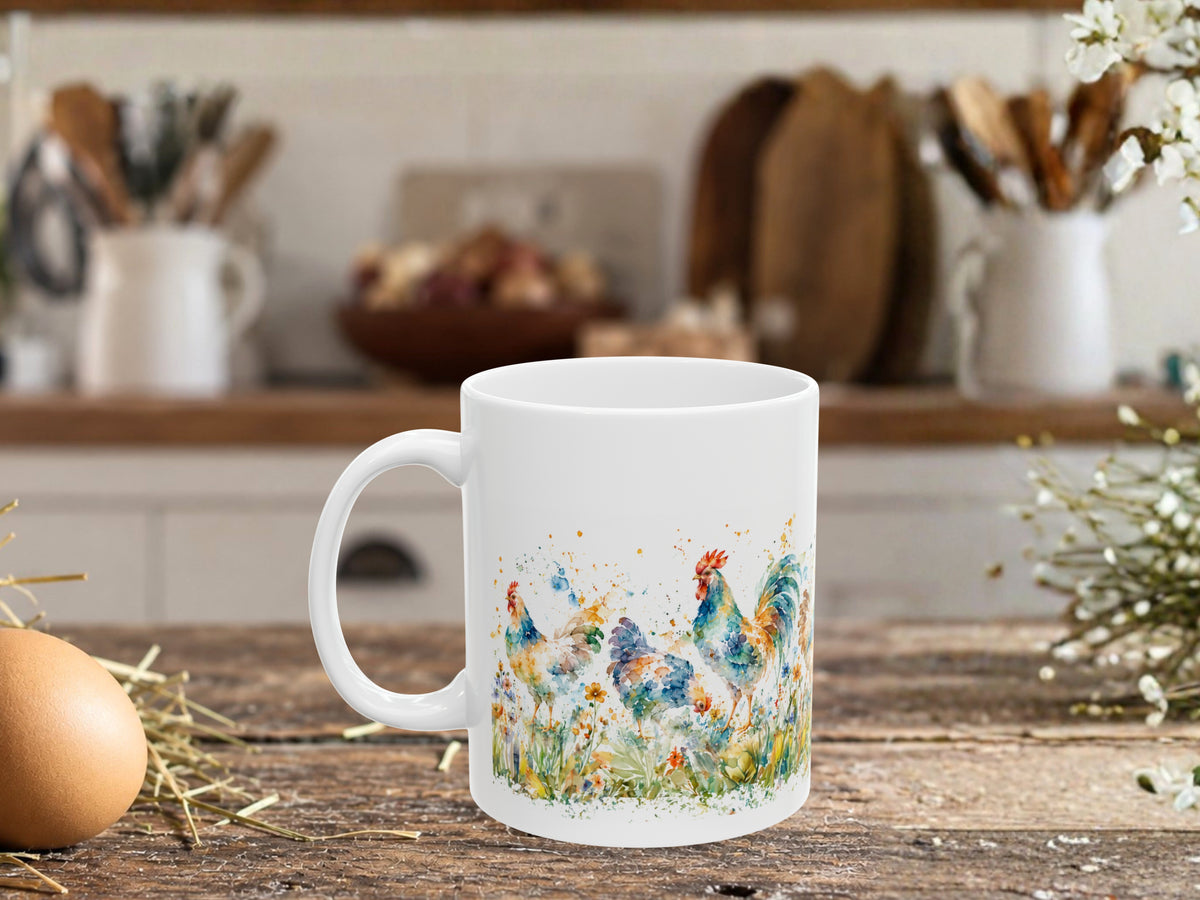 Watercolor Chicken Coffee Mug, Colorful Rooster and Hen Mug, Chicken Lover Gift, Floral Farmhouse Coffee Cup, Backyard Flock Gift